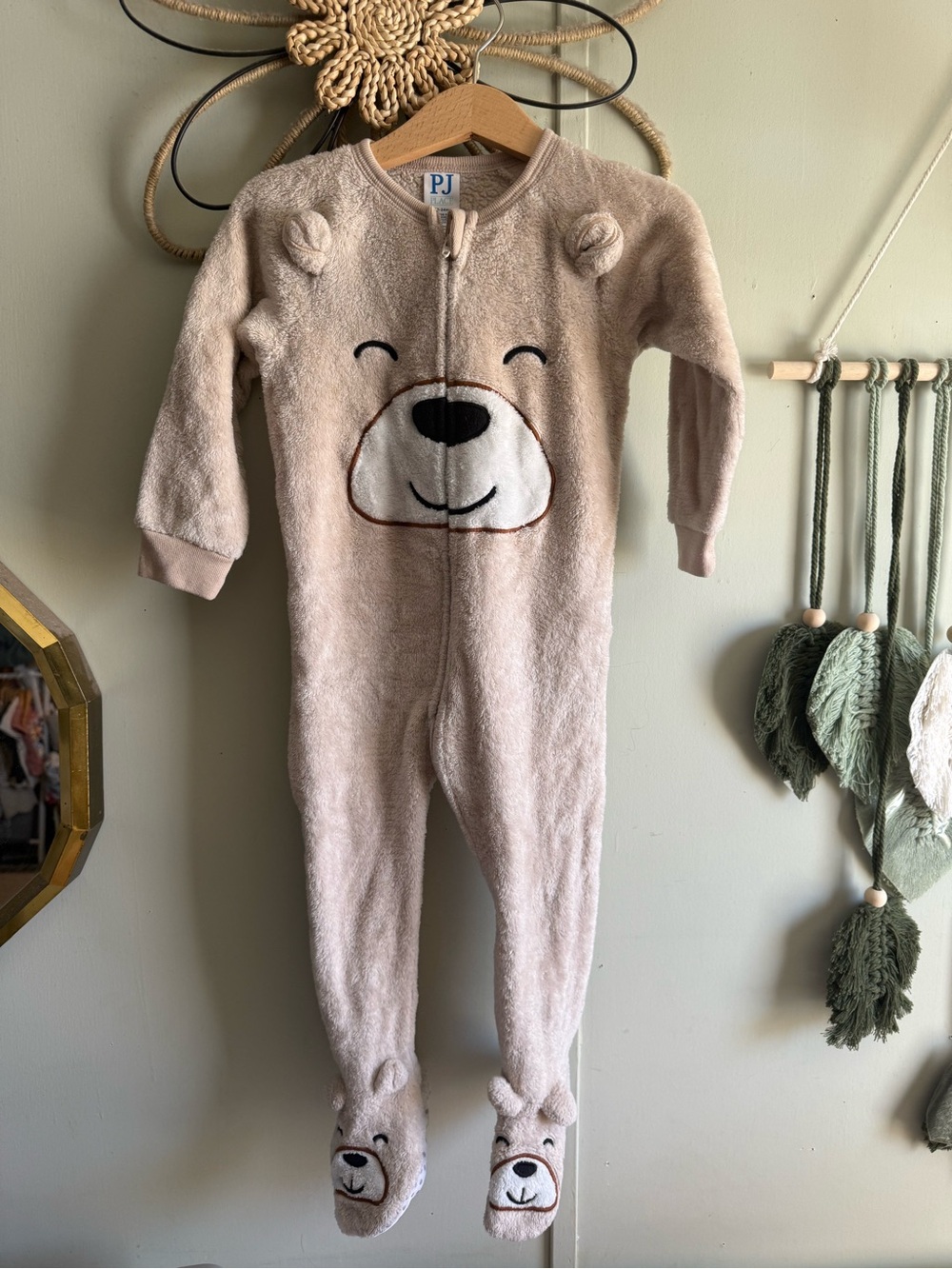 Place Plush Bear Footed One-Piece Pajamas in Light Beige